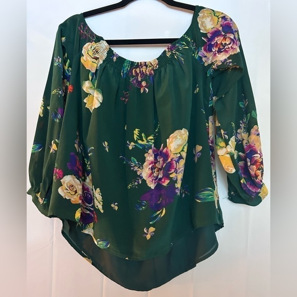 ANTHROPOLOGIE (Maeve) Tallie Green Floral Open-Shoulder Silk Top- Size X-small - Picture 1 of 11